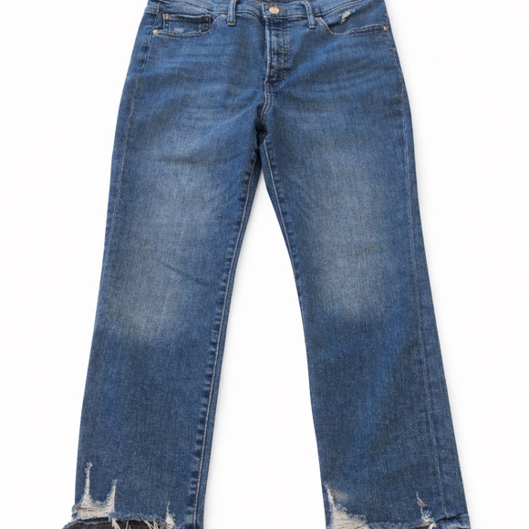 Express Medium Wash Raw Hem Straight Leg Jeans Distressed Denim Women’s Size 10R - Picture 4 of 5